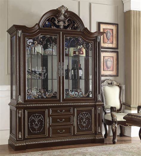Rich Gold China Cabinet Carved Wood Traditional Homey Design Hd 8086
