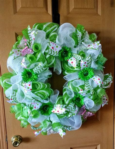 Green And White Deco Mesh With Ribbon Green Flowers Butterflies