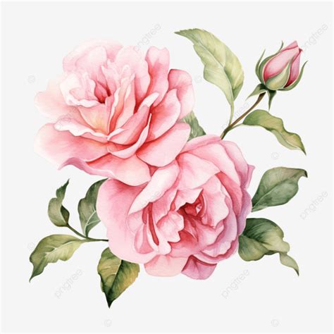 Pink English Rose Watercolor Flower Background Branch Isolated