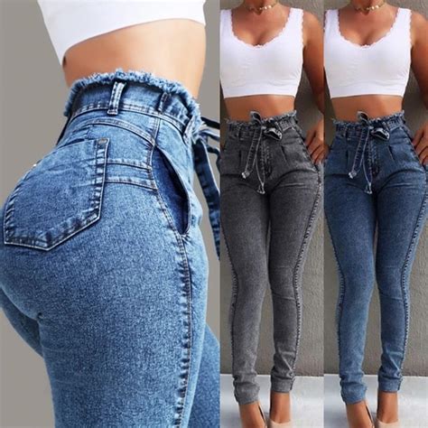 High Waist Jeans For Women Slim Stretch Denim Jean Bodycon Tassel Belt
