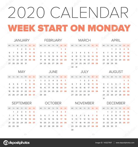 Einfacher Jahreskalender 2020 Vektorgrafik Lizenzfreie Grafiken
