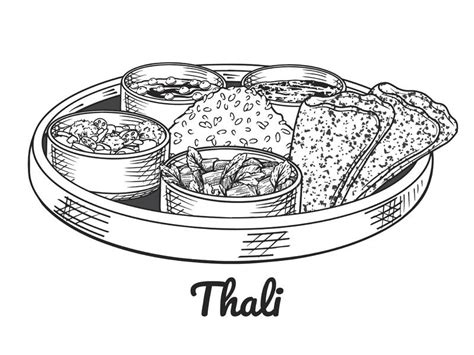 Traditional Indian Food Thali Hand Drawn Line Art Stock Illustration