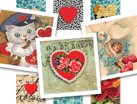 Printable Collage Sheet Vintage Valentines 48 Pcs 125mm Square Images