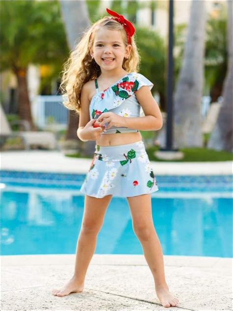 girls blue floral and cherry one shoulder ruffle top and skirted bottom two piece swimsuit in 2020