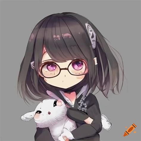 Chibi Anime Girl With Glasses Holding Two White Bunnies