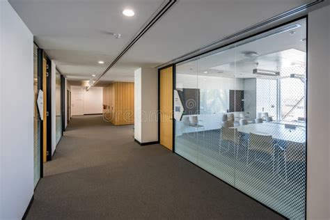 Contemporary Office Building Corridor With Meeting Rooms On The Side