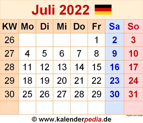 Kalender Juli 2022 Als Word Vorlagen