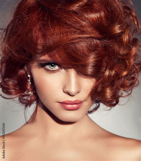Beautiful Model Girl With Short Red Curly Hair Red Head Hairstyle Care And Beauty Hair