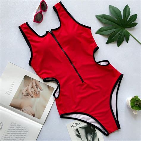 4 Colors Front Zipper Women Sexy Hollow Out One Piece Swimsuit Yellow Backless Candy Color