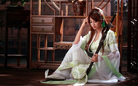 hd wallpaper asian brunette costumes katana sword women wallpaper flare
