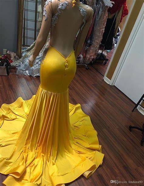 Yellow Sexy V Neck Mermaid Prom Dresses Long Sleeve Plus Size See Sheer