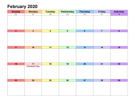 Printable Calendar Template February 2020 Calendar Landscape