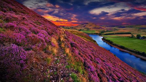 Colorful Clouds Scotland Water Landscape Uk Grass River Sunset
