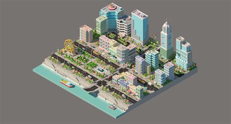 3d Model Low Poly City With Various Buildings On The Bank Of The River