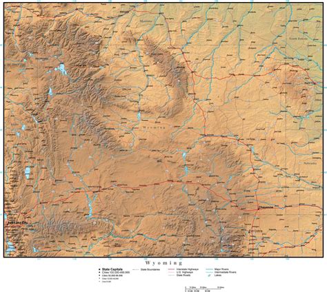 Wyoming State Map Plus Terrain With Cities And Roads