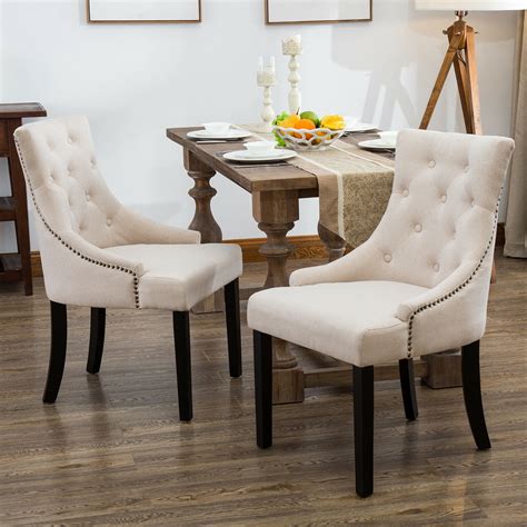 Fabric Dining Chairs Set Of 2 Leisure Padded Chair With Armrest Black Solid Wooden Legs Grey