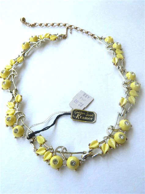 Vintage Kramer Yellow Lucite Rhinestone Flowers Leaves Necklace