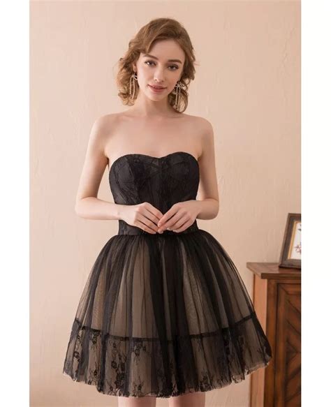 Black Short Tulle Prom Dress Strapless With Lace Trim Ch6667