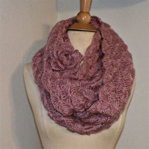 Lace Infinity Scarf Cowl Chunky Womens Dusty Rose Pink Mohair Crochet