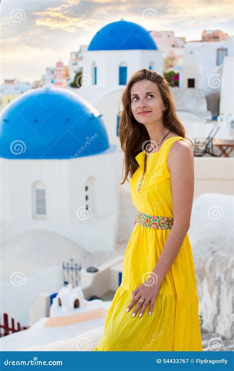 Young Woman In Santorini Island Stock Image Image Of Greek Beauty
