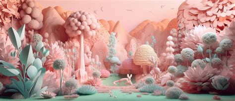 Magical Meadow 3d Design With Whimsical Trees And Creatures Stock