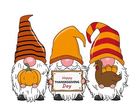 three cute gnomes with pumpkin turkey and happy thanksgiving poster stock vector illustration