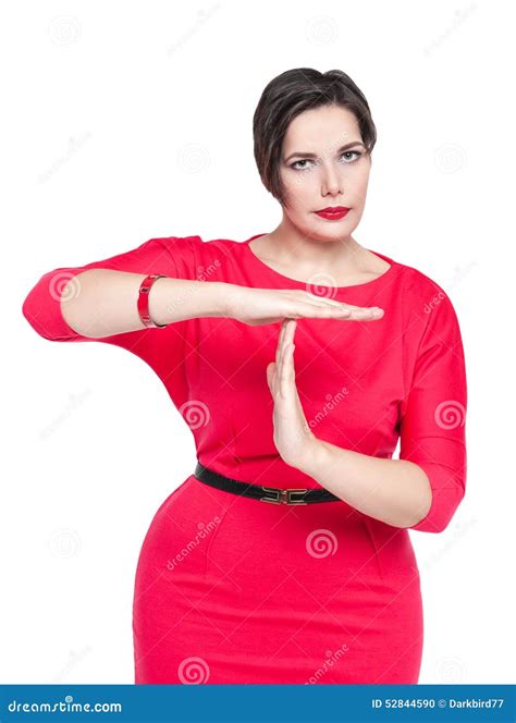 Beautiful Plus Size Woman Red Dress Showing Time Out Gesture Stock