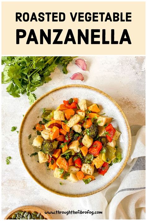 Roasted Vegetable Panzanella In A Bowl On A White Table With Text Overlay