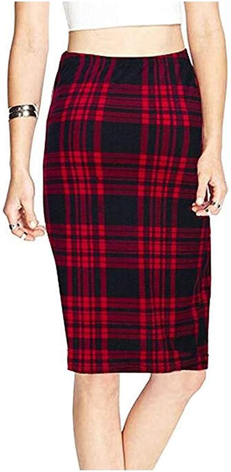Aiyoo Womens Pencil Skirt Elastic Red Checked High Waist Straight Skirt Hip Skirt Stretchy
