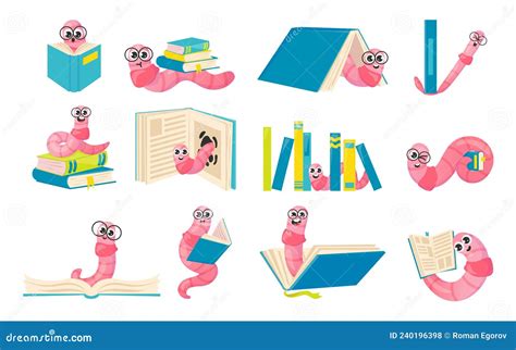 Cartoon Bookworm Cute Worm Nerd Character With Big Eyes Glasses And Book Stacks Learning And