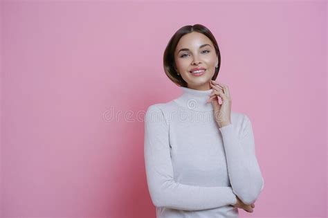 Happy Positive Young European Woman Stands Confident Smiles Pleasantly