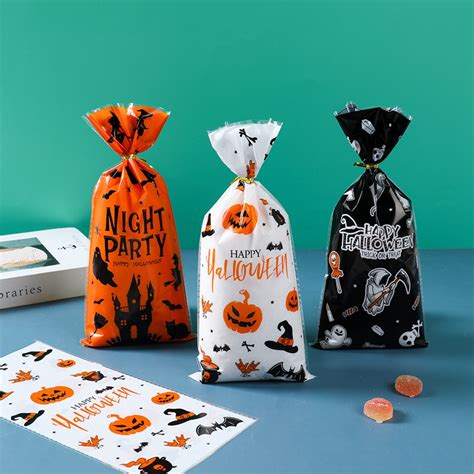 50pcs Halloween Mixed Candy Bags Pumpkin Packaging Bags Plastic Loot