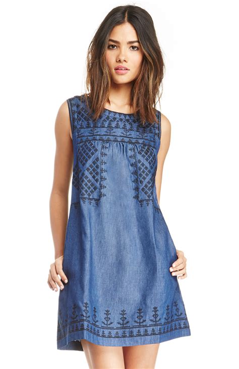 Sleeveless Embroidered Chambray Shift Dress In Blue Dailylook