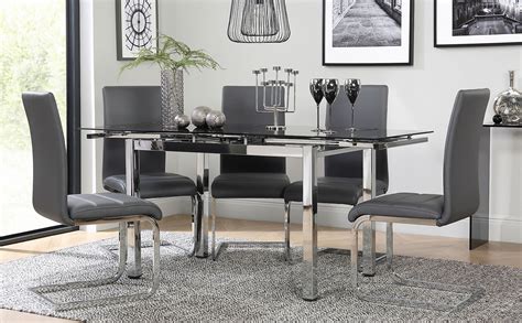 Space Chrome And Black Glass Extending Dining Table With 6 Perth Grey Leather Chairs Furniture