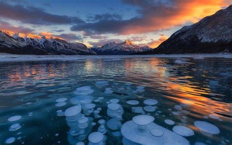 Landscape Nature Sunset Lake Mountain Ice Snowy Peak Winter Clouds Canada Water Cold