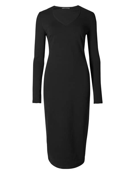 Marks And Spencer Mand5 Black V Neck Bodycon Dress Size 6 To 22