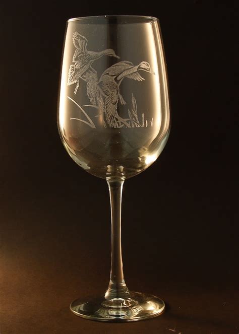 Etched Ducks On Large Elegant White Wine Glass Set Of 2