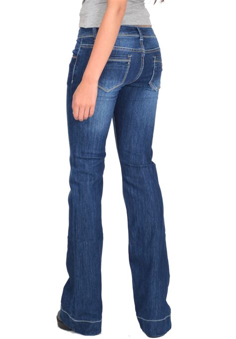 New Womens Low Rise Dark Blue Faded Bootcut Flared Stretch Jeans Denim