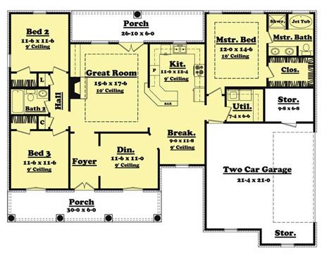 A very simple efficient 1600 square foot three bedroom houses plan that lives big for a single story home. 1600 Square Foot European Style House Plan - 3 Bed, 2 Bath