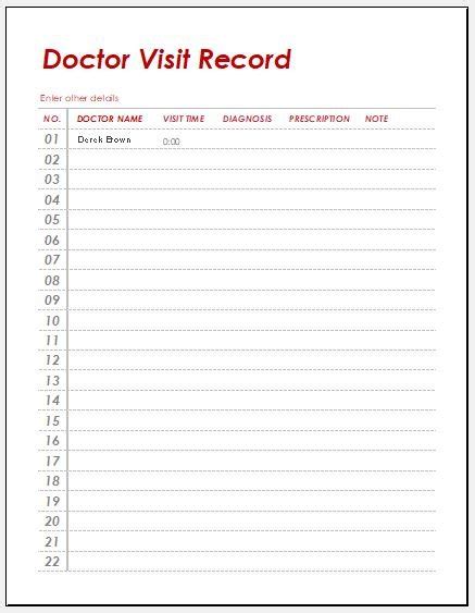 Doctor Visit Record Sheet Templates For Word Download