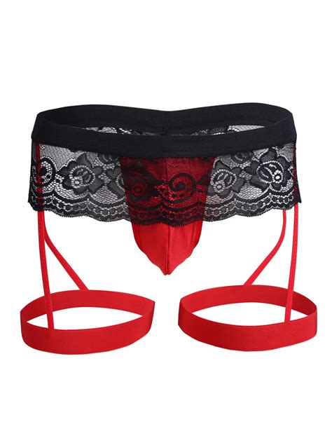 Iefiel Men Sexy Lingerie Lace G String Bikini Underwear With Garter