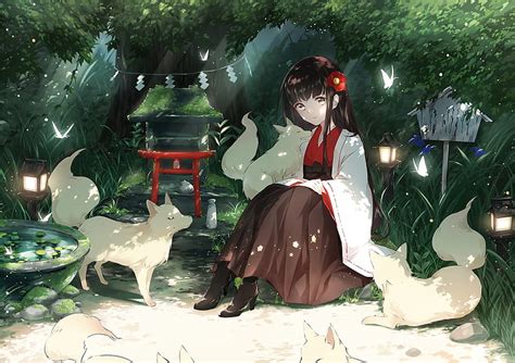 Anime Girl Miko Foxes Shrine Torii Brown Eyes Butterflies Anime