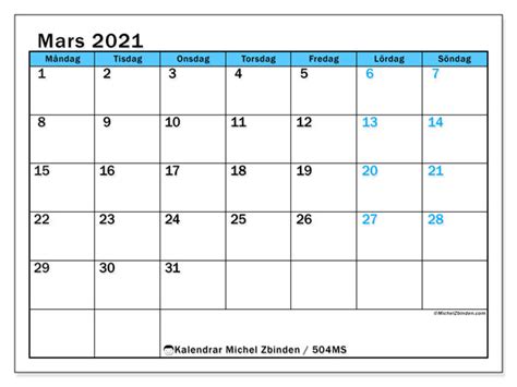 En förhands granskning av kalendern öppnas i ett nytt fönster. Kalender "504MS" mars 2021 för att skriva ut - Michel ...