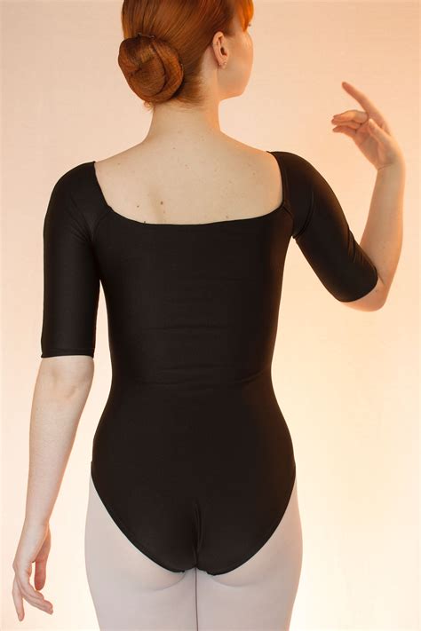 Square neck high back ballet leotard with ½ sleeves in Black Model of THE BASICS Collection