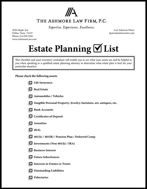 Estate Planning Checklist And Asset Inventory Worksheet The Ashmore Law Firm P C