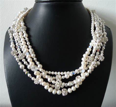 Multi Strand Pearl Necklace Chunky White Pearl Bridal Necklace