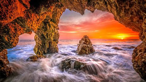 Rocks Malibu Sun Fiery Beautiful Sunset Sky Sea Cave Beach