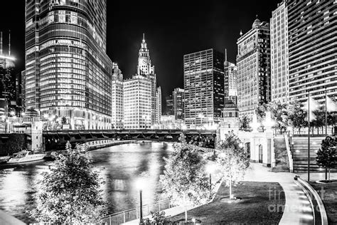 Chicago River Buildings At Night In Black And White Photograph By Paul