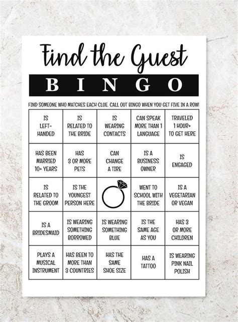 Find The Guest Bingo Bridal Bingo Bridal Shower Game Wedding Game