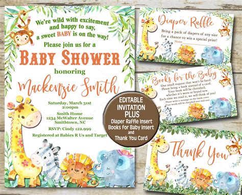 Safari Baby Shower Invitation Set Editable Invite Template Etsy